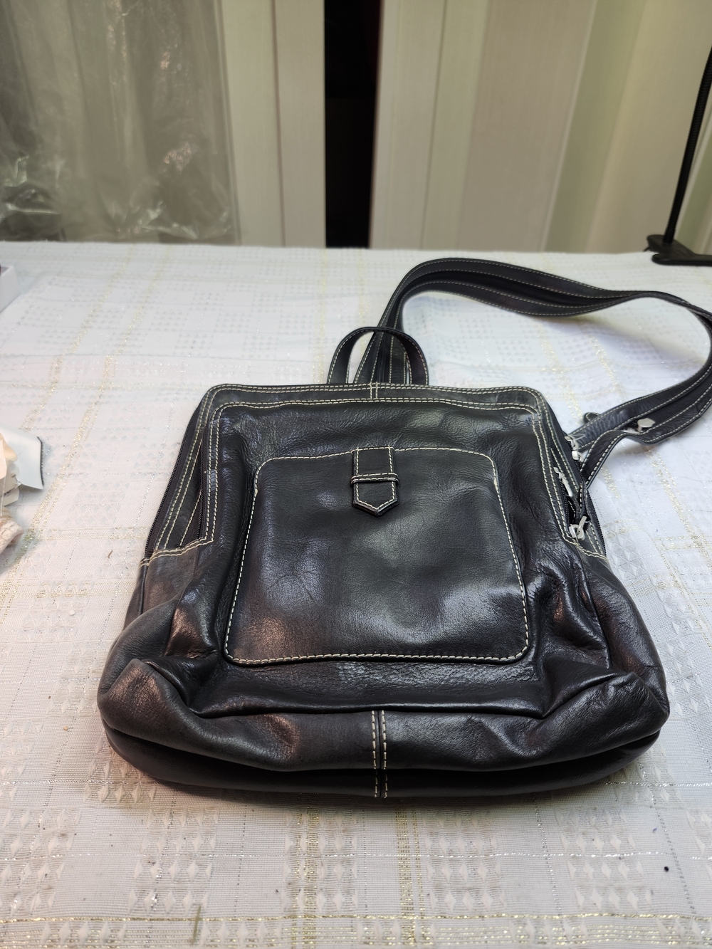 Chaos Black Leather Crossbody Bag with Front Pocket